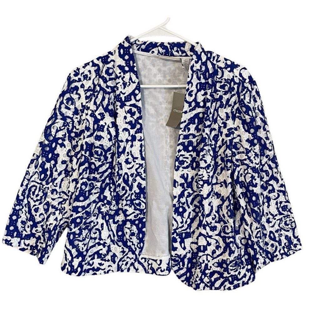 NWT CHICO'S WOMENS SZ 1 Small BLUE WHITE PRINTED EYELET OPEN BLAZER JACKET $129